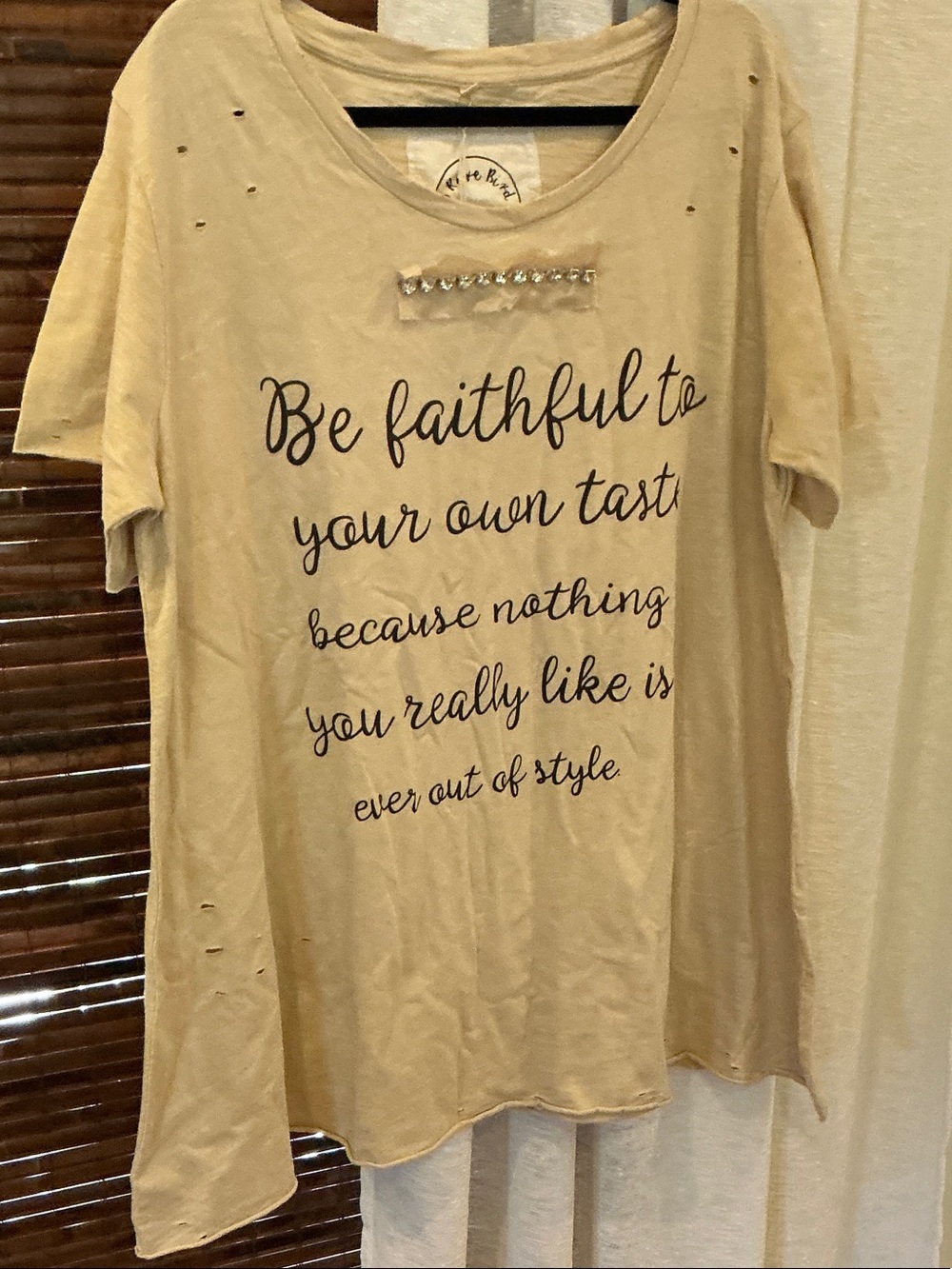 Be Faithful To Your Own Taste Embellished Beige Short Sleeve Tee